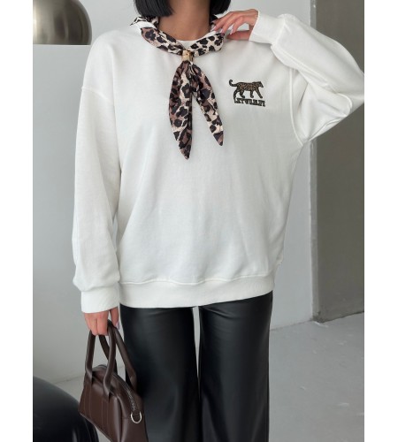  Fular ve Geyik Nakış Detaylı Oversize Sweatshirt Bej