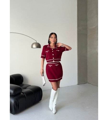  Kısa Kollu Polo Yakalı Cep Detaylı bordo Triko Alt Üst Takım