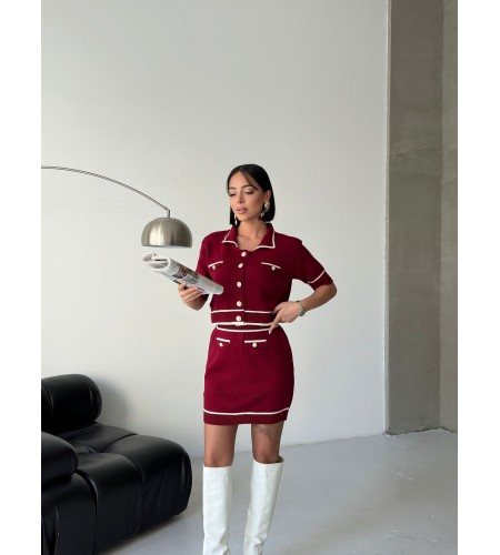  Kısa Kollu Polo Yakalı Cep Detaylı bordo Triko Alt Üst Takım