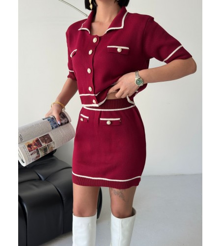  Kısa Kollu Polo Yakalı Cep Detaylı bordo Triko Alt Üst Takım