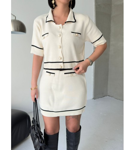  Kısa Kollu Polo Yakalı Cep Detaylı beyaz Triko Alt Üst Takım