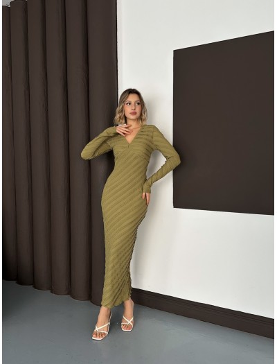 Gofre V Yaka Uzun Ters Dikiş Elbise