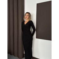 Gofre V Yaka Uzun Ters Dikiş Elbise