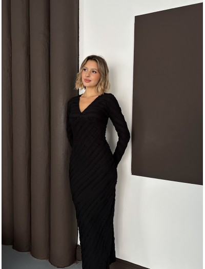 Gofre V Yaka Uzun Ters Dikiş Elbise