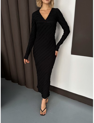 Gofre V Yaka Uzun Ters Dikiş Elbise