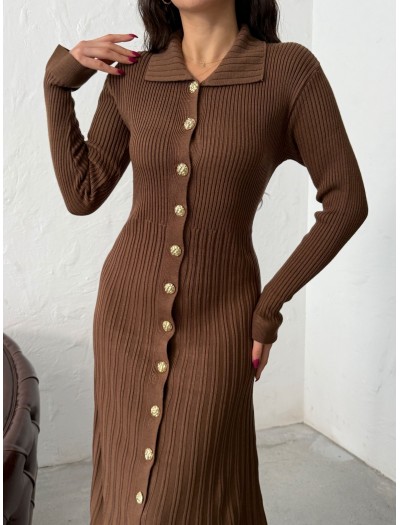 Endam Düğmeli Elbise Kahverengi