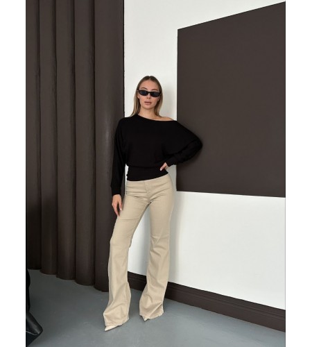 Kayık Yaka Modal Kumaş Siyah Bluz