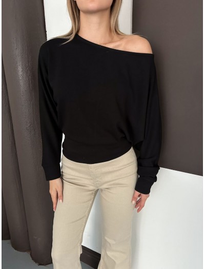 Kayık Yaka Modal Kumaş Siyah Bluz