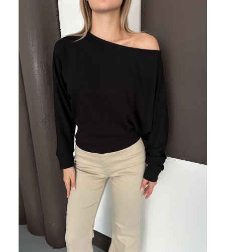 Kayık Yaka Modal Kumaş Siyah Bluz