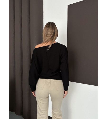 Kayık Yaka Modal Kumaş Siyah Bluz