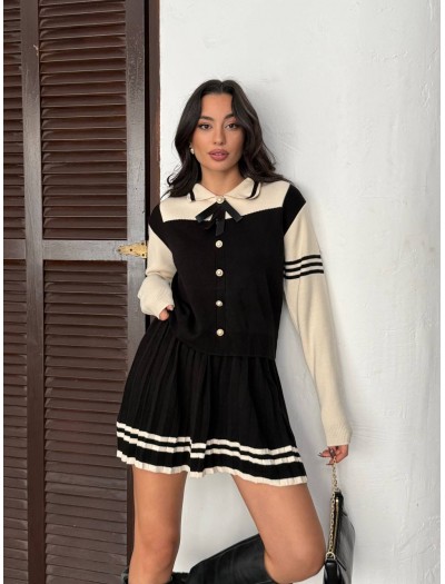 Gold Düğmeli Polo Yaka Kurdele Detaylı Siyah Triko Alt Üst Takım