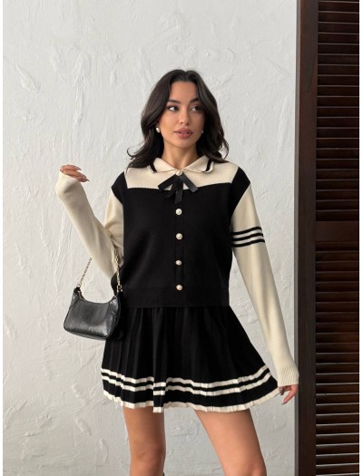 Gold Düğmeli Polo Yaka Kurdele Detaylı Siyah Triko Alt Üst Takım