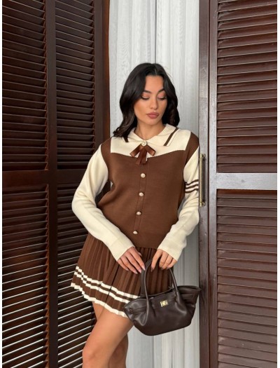 Gold Düğmeli Polo Yaka Kurdele Detaylı Kahverengi Triko Alt Üst Takım