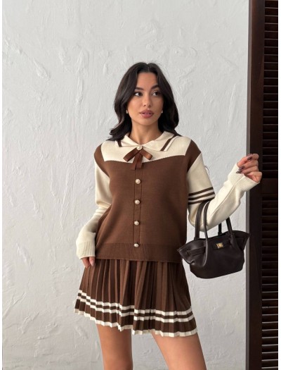 Gold Düğmeli Polo Yaka Kurdele Detaylı Kahverengi Triko Alt Üst Takım