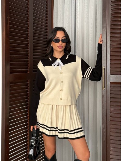 Gold Düğmeli Polo Yaka Kurdele Detaylı Krem Triko Alt Üst Takım