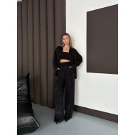 Desenli Saten Siyah Gömlek Takım