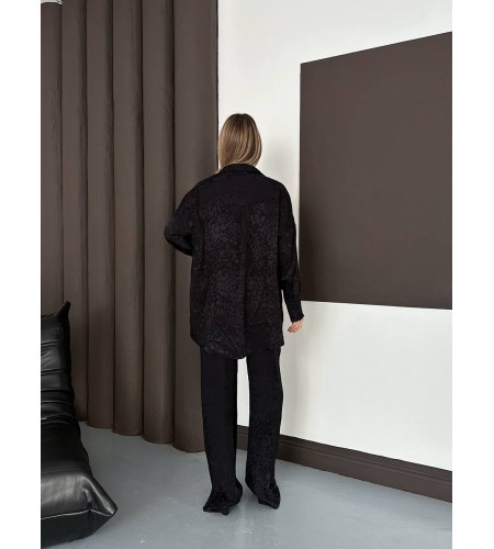 Desenli Saten Siyah Gömlek Takım