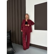 Desenli Saten Bordo Gömlek Takım