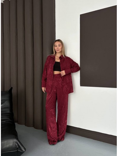 Desenli Saten Bordo Gömlek Takım