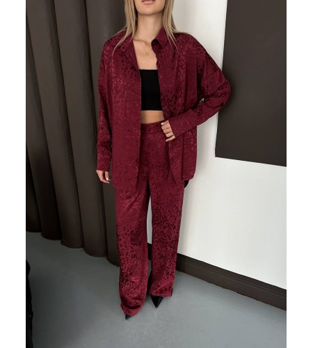 Desenli Saten Bordo Gömlek Takım