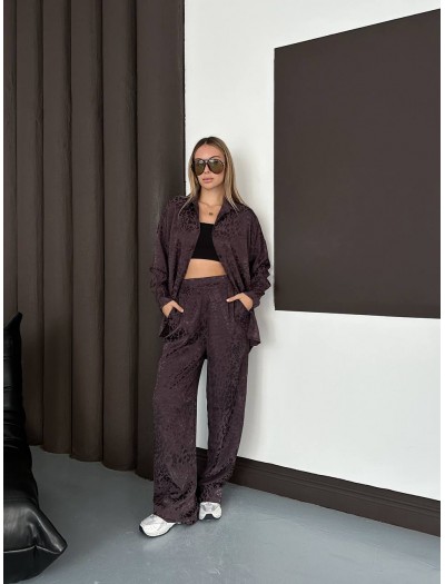 Desenli Saten Kahverengi Gömlek Takım