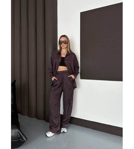 Desenli Saten Kahverengi Gömlek Takım