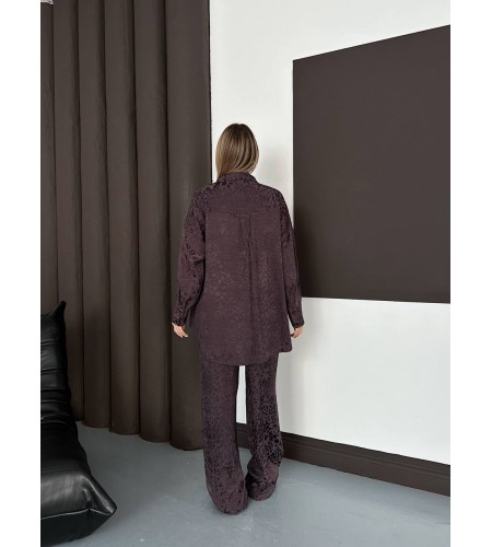 Desenli Saten Kahverengi Gömlek Takım