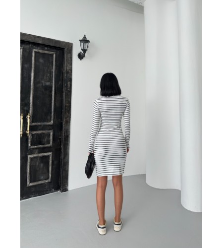 Kadın Beyaz Polo Yaka Çizgili Uzun Kollu Esnek Örme Elbise