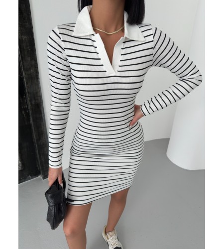 Kadın Beyaz Polo Yaka Çizgili Uzun Kollu Esnek Örme Elbise