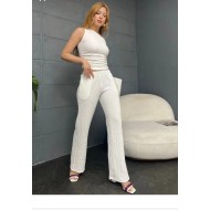 Tek Omuz Gofre Kumaş Beyaz Bluz Pantolon Takım