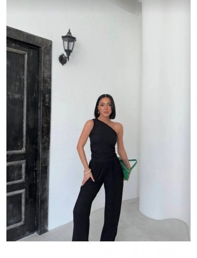 Tek Omuz Gofre Kumaş Siyah Bluz Pantolon Takım