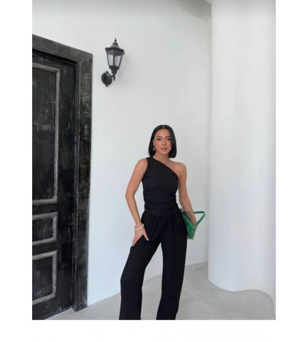 Tek Omuz Gofre Kumaş Siyah Bluz Pantolon Takım