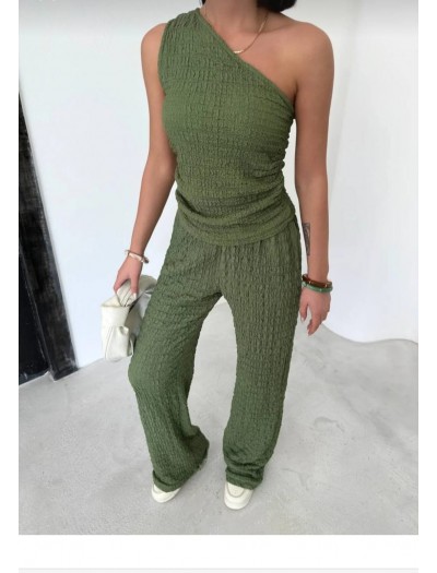 Tek Omuz Gofre Kumaş Yeşil Bluz Pantolon Takım