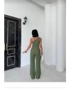 Tek Omuz Gofre Kumaş Yeşil Bluz Pantolon Takım