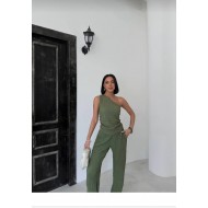 Tek Omuz Gofre Kumaş Yeşil Bluz Pantolon Takım