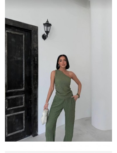 Tek Omuz Gofre Kumaş Yeşil Bluz Pantolon Takım