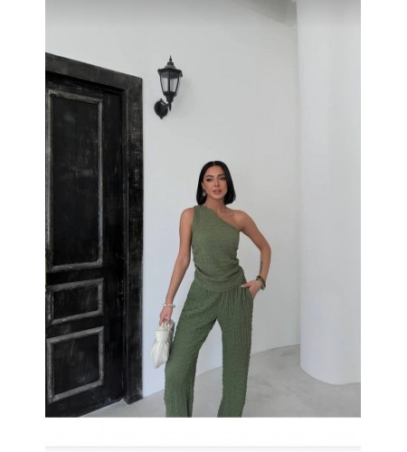 Tek Omuz Gofre Kumaş Yeşil Bluz Pantolon Takım