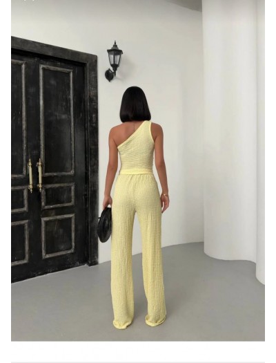 Tek Omuz Gofre Kumaş Sarı Bluz Pantolon Takım