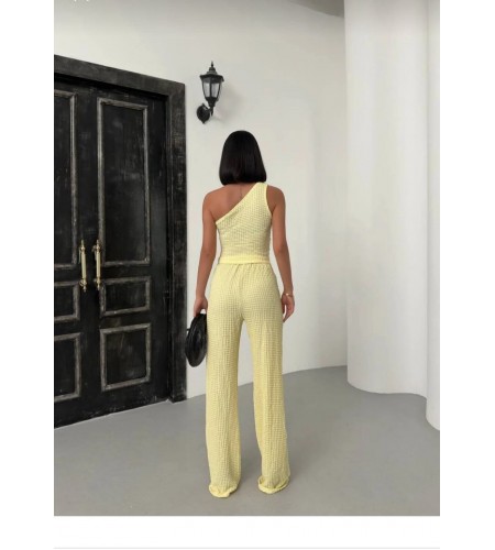 Tek Omuz Gofre Kumaş Sarı Bluz Pantolon Takım