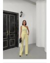 Tek Omuz Gofre Kumaş Sarı Bluz Pantolon Takım