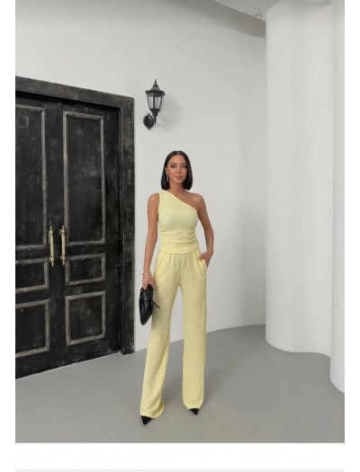 Tek Omuz Gofre Kumaş Sarı Bluz Pantolon Takım