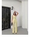 Tek Omuz Gofre Kumaş Sarı Bluz Pantolon Takım