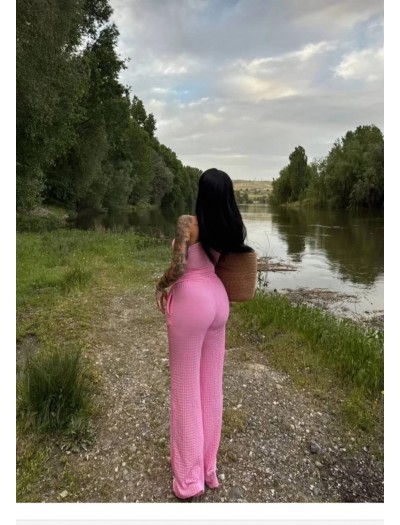 Tek Omuz Gofre Kumaş Pembe Bluz Pantolon Takım