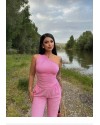 Tek Omuz Gofre Kumaş Pembe Bluz Pantolon Takım