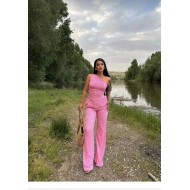 Tek Omuz Gofre Kumaş Pembe Bluz Pantolon Takım