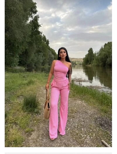 Tek Omuz Gofre Kumaş Pembe Bluz Pantolon Takım