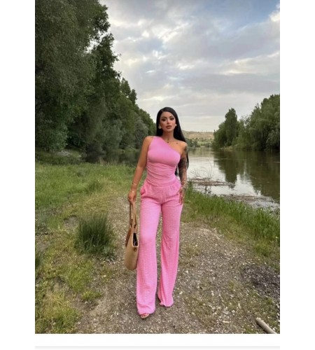 Tek Omuz Gofre Kumaş Pembe Bluz Pantolon Takım