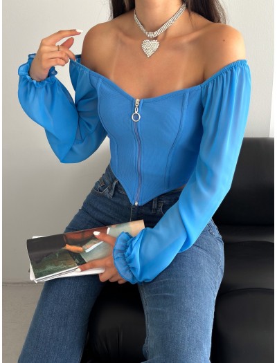 Kolu Şifonlu Fermuarlı uzun Kol  Bluz 