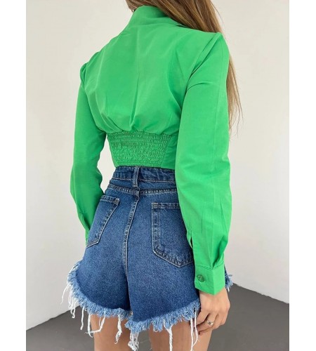 Yeşil Beli Lastikli Crop Gömlek