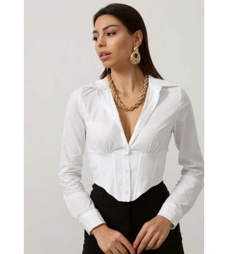 Beyaz Beli Lastikli Crop Gömlek